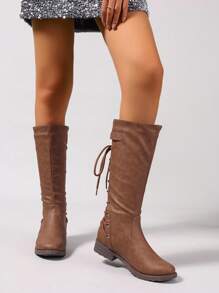 Giày bốt thời trang đi làm mùa thu/đông thanh lịch thoải mái, đế thấp dày, mũi tròn, dây buộc bằng da PU màu nâu, đinh tán vàng - màu nâu - Xem 5