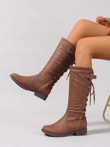 Giày bốt thời trang đi làm mùa thu/đông thanh lịch thoải mái, đế thấp dày, mũi tròn, dây buộc bằng da PU màu nâu, đinh tán vàng - màu nâu - Xem 4