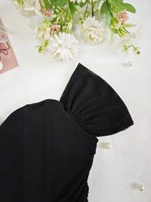 EZNV 1 件装全新纯色性感露背细肩带吊带背心细肩带上衣露肩 - 黑色 - 查看 7