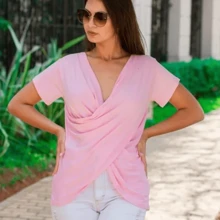 Plain Wrap Top In Viscolycra Comfortable Loose Oversized Short Sleeve Women's Fashion - Màu Hồng baby - Xem 2