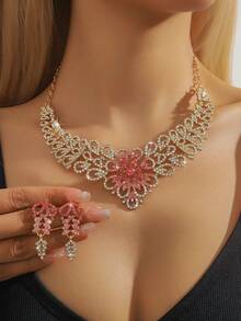 3 件水钻装饰多色花朵和叶子设计首饰套装，适合婚礼、派对和日常佩戴 - 彩色 - 查看 9