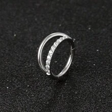 1 chiếc thời trang thép không gỉ 316. Thiết kế thanh tròn đôi khuyên mũi với Zirconia tổng hợp. Thích hợp cho xỏ khuyên vách ngăn mũi & sụn tai - Bạc - Xem 2