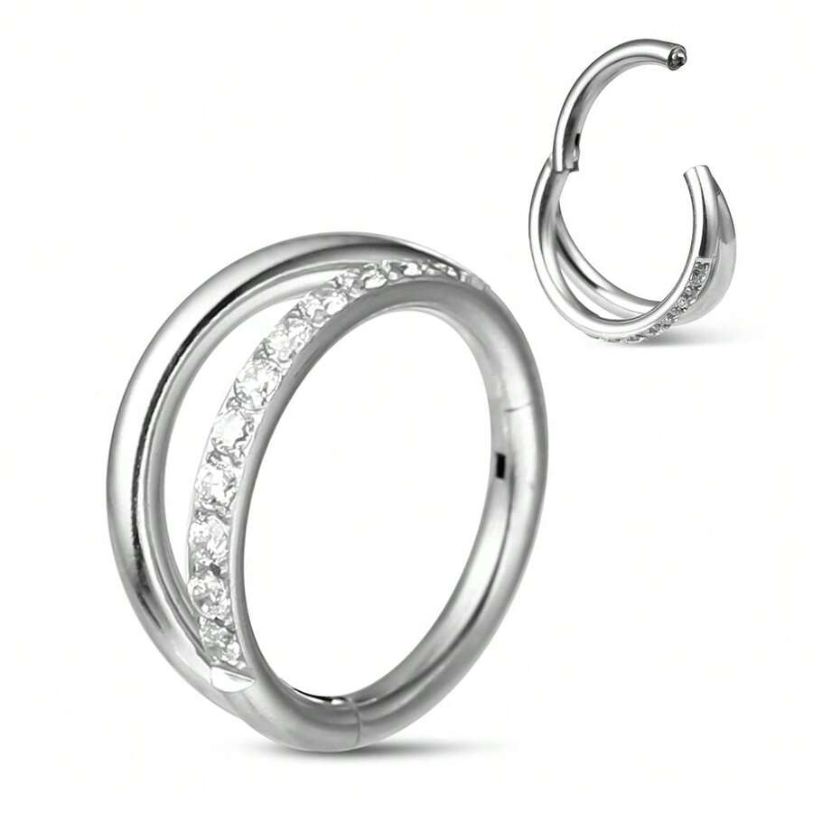 1 chiếc thời trang thép không gỉ 316. Thiết kế thanh tròn đôi khuyên mũi với Zirconia tổng hợp. Thích hợp cho xỏ khuyên vách ngăn mũi & sụn tai - Bạc - Xem 1
