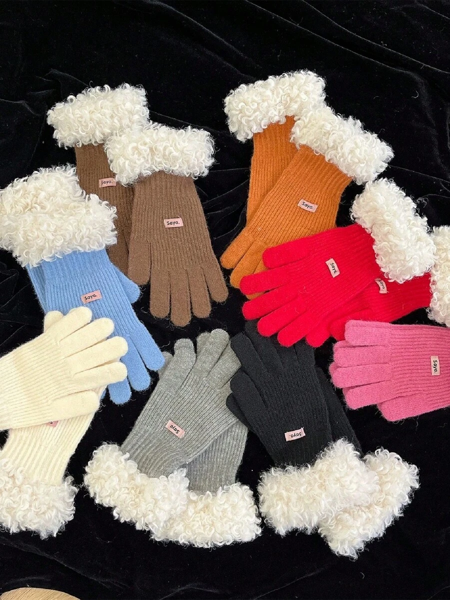 1 双女士秋冬保暖触屏针织手套，分指，适合骑行，防风 - 彩色 - 查看 1