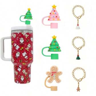 1 set/2 piezas 10mm Tapas de sorbete de silicona con temática navideña, colgante de aleación con  de dibujos animados ajustable para vasos y tazas, apto para tazas de 30 y 40 onzas, accesorio para taza, regalo navideño