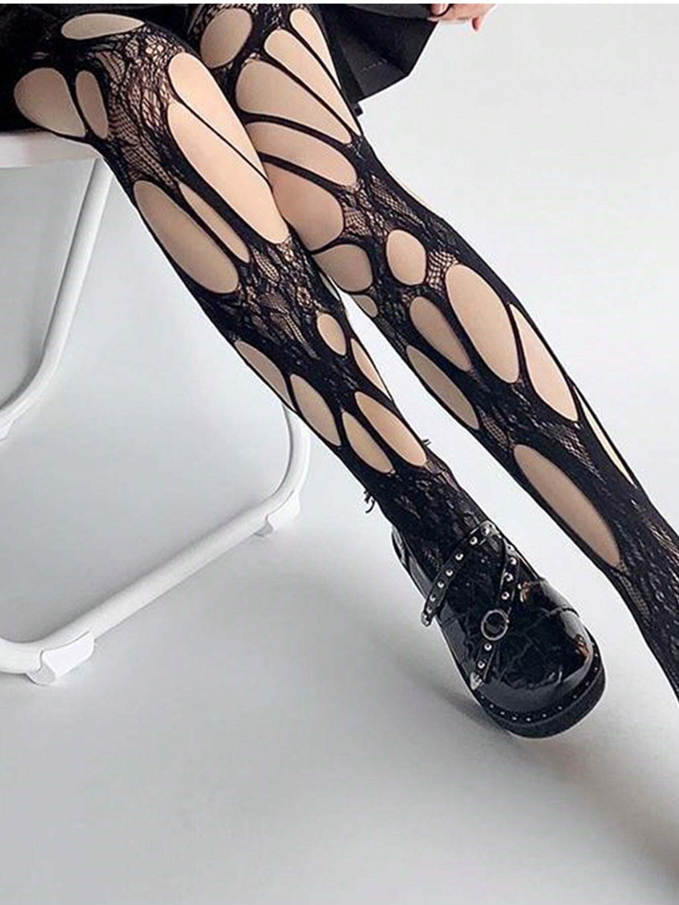 Latest 2024 Black Ripped Mesh Stockings With Hollow Rose Design