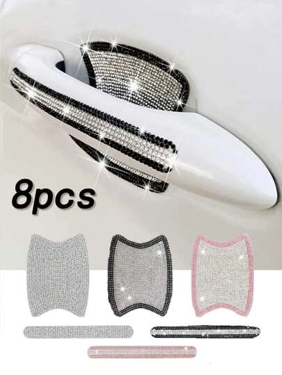 8 件闪亮汽车门把手保护贴纸，闪亮汽车配件，女士闪亮门把手盖，汽车水晶水钻门碗保护贴花，闪亮配件，女士贴纸