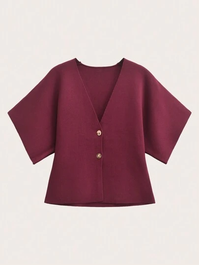 Minimalistisk stickad enfärgad V-ringad kortärmad kofta, elegant