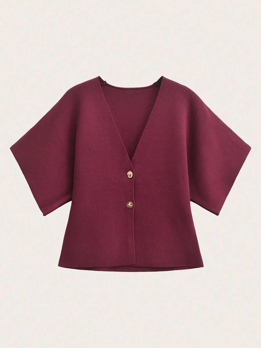 Minimalist Knitted Solid Color V-Neck Short Sleeve Cardigan, Elegant