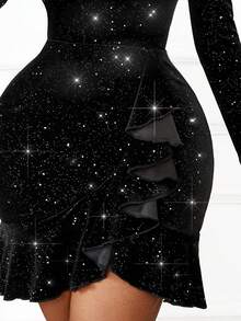 Vestido gótico sexy mini elegante lindo Y2K lantejoulas glitter decote em V multicamadas festa elástico - Preto - Ver 7