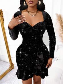 Vestido gótico sexy mini elegante lindo Y2K lantejoulas glitter decote em V multicamadas festa elástico - Preto - Ver 4