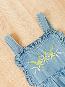 2 件装女婴纯色罗纹长袖上衣和刺绣牛仔背带裤套装，秋冬 - 白色 - 查看 3