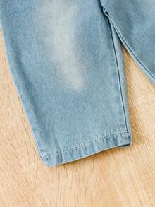 2 件装女婴纯色罗纹长袖上衣和刺绣牛仔背带裤套装，秋冬 - 白色 - 查看 6