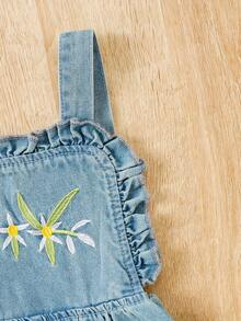 2 件装女婴纯色罗纹长袖上衣和刺绣牛仔背带裤套装，秋冬 - 白色 - 查看 5