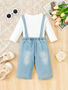 2 件装女婴纯色罗纹长袖上衣和刺绣牛仔背带裤套装，秋冬 - 白色 - 查看 2