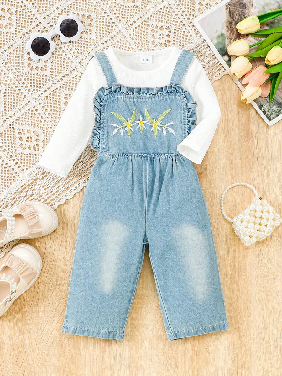 2 件装女婴纯色罗纹长袖上衣和刺绣牛仔背带裤套装，秋冬 - 白色 - 查看 1