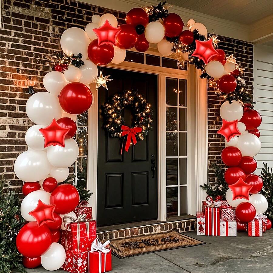82/118 件圣诞气球花环拱门套件，含红白气球、红星铝箔气球，用于室内外派对装饰、圣诞装饰 - 彩色 - 查看 1