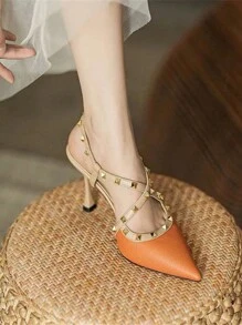 Sandálias da Moda com Rebite para Mulheres, Outono/Inverno 2025, Salto Alto Fechado Laranja Estilo Stilettos com Tiras Cruzadas, Sapatos de Vestido de Verão, Elegantes, Sapatos de Salto para Mulheres