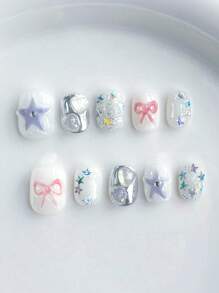 10 Short Square Valentines Nails Nail Art Pink Bow Purple Star Design Nail Art Handmade Fake Nails, Removable Nail Supplies False Piece Can Be Disassembled And Reused, Suitable For Ladies, Girls In The Stage, Prom, Party Scene Use, With 1 Piece Of Jelly Roll 1 Piece Press On Nails