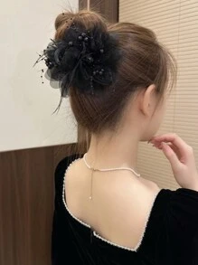 topshiny 1pc Fashionable Peony Flower & Feather Tassels Hair Clip, Elegant For Women To Wear To Meetings And Parties Valentine's Day Carnival, Mardi Gras Valentines Hair Claws Claw Clips Hair Clips Hair Jaw Clip Hair Clamps Hair Clutch Hair Catcher Clip, Casual - Multicolor - View 4