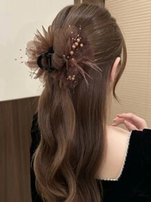 topshiny 1pc Fashionable Peony Flower & Feather Tassels Hair Clip, Elegant For Women To Wear To Meetings And Parties Valentine's Day Carnival, Mardi Gras Valentines Hair Claws Claw Clips Hair Clips Hair Jaw Clip Hair Clamps Hair Clutch Hair Catcher Clip, Casual - Multicolor - View 3