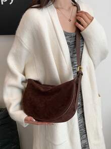 秋冬季女士纯色绒面斜挎包，复古时尚手提包，配有可调节肩带和拉链开合，适合日常外出、约会、通勤、度假、户外、送礼 - 咖啡棕 - 查看 10