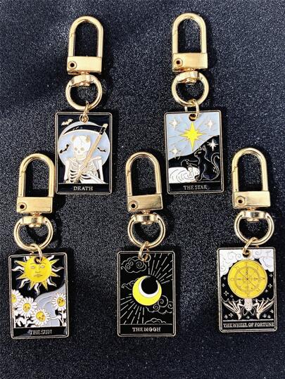 5 件/套嘻哈朋克星日月形滴油吊坠钥匙扣，适合日常搭配、派对和朋友礼物汽车配件包饰书包配件挂绳带身份证夹汽车配件包饰