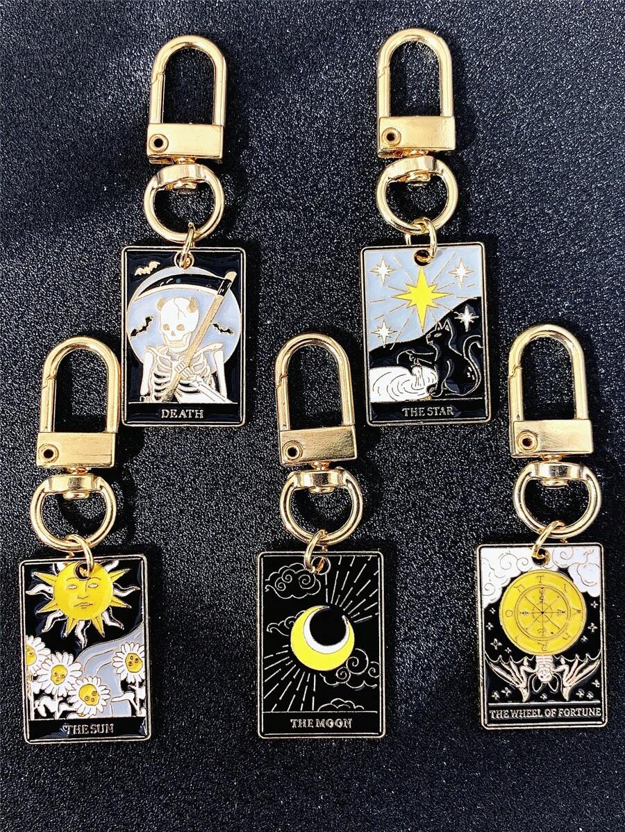 5 件/套嘻哈朋克星日月形滴油吊坠钥匙扣，适合日常搭配、派对和朋友礼物汽车配件包饰书包配件挂绳带身份证夹汽车配件包饰