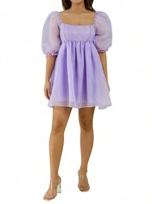 Women Summer Puffy Dress, Solid Color Square Neck Bubble Sleeve One-Piece Short Dress For Ladies, Pink/Purple/Yellow - Purple - View 3