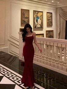 1 件女士细肩带连衣裙，性感露背修身美人鱼连衣裙，新款，婚礼宾客礼服，派对礼服，长袍，正式礼服，晚礼服 - 酒紅色 - 查看 3