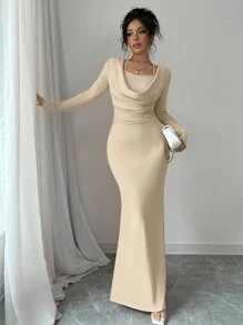 杏色优雅性感简约吊带打结挂脖长袖鱼尾下摆紧身长裙派对新款女装 - 杏色 - 查看 4
