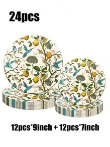 24 teiliges Set, Einweggeschirr, Blumen- und Kolibri-Motiv Einweg Pappteller, Kuchenteller, Party Teller, Geburtstagsteller, Material, geeignet für Geburtstagsfeiern, Werbeaktionen, Partys, Picknicks, Camping - Verschiedenfarbig - Übersicht 9