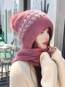 女士针织帽围巾套装，时尚百搭，保暖防风，适合秋冬季户外活动、滑雪、购物等场合，冬季配饰，冬季穿搭，情人节礼物