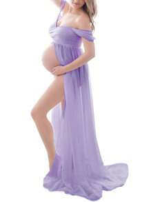 Maternity Dress For Photography Solid Color Off-Shoulder Chiffon Gown Front Split Long Pregnancy Dresses For Photoshoot - màu tím nhạt - Xem 2