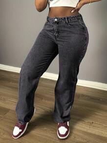 Chicsale Women's Straight Leg Denim Pants - Elegant Wide Leg Floor-Length Jeans With Button & Zipper, Relaxed Fit Casual Trousers For Everyday Outings - Màu xám đen - Xem 3