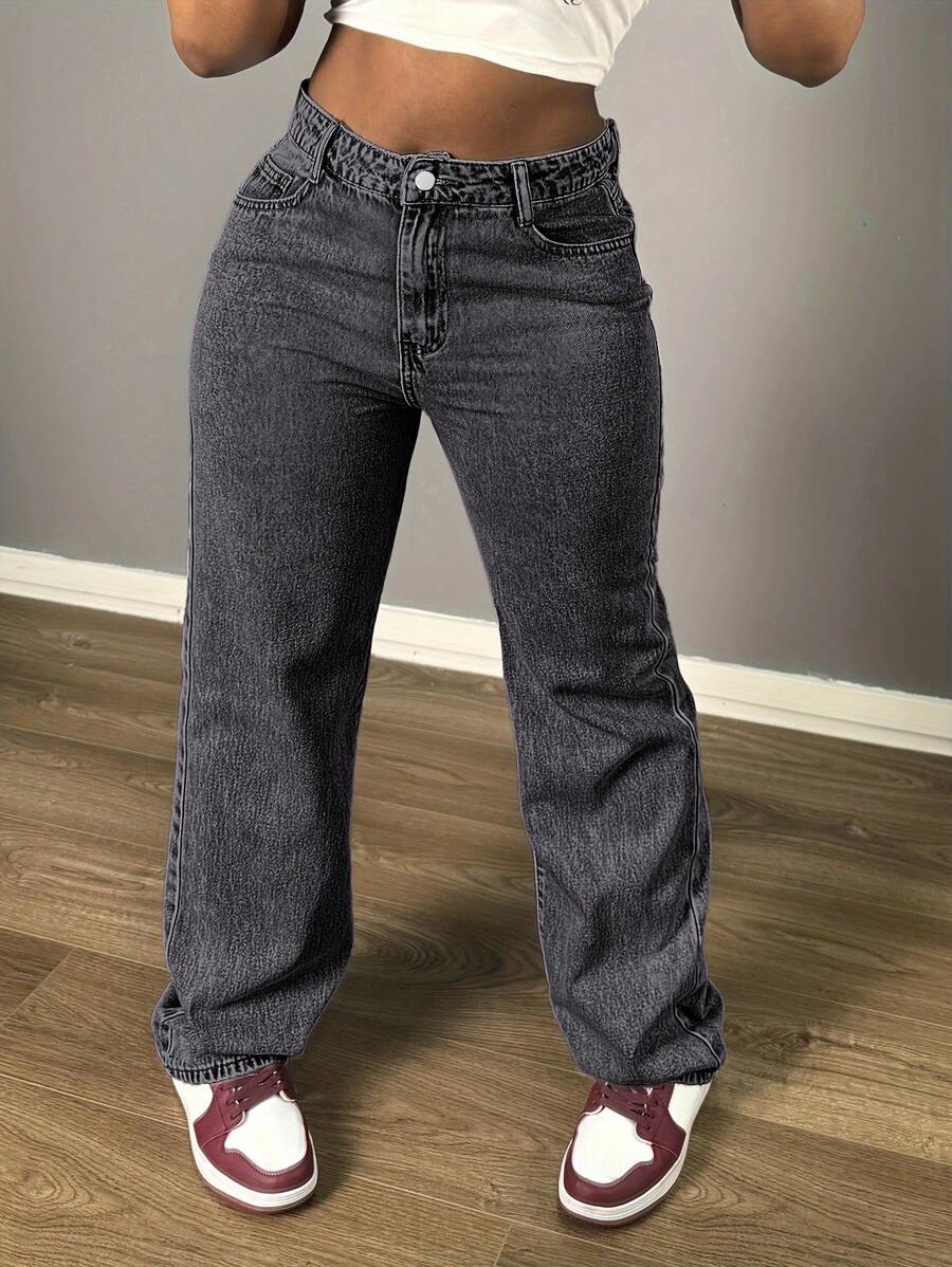 Chicsale Women's Straight Leg Denim Pants - Elegant Wide Leg Floor-Length Jeans With Button & Zipper, Relaxed Fit Casual Trousers For Everyday Outings - Màu xám đen - Xem 1