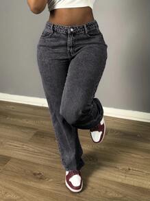 Chicsale Women's Straight Leg Denim Pants - Elegant Wide Leg Floor-Length Jeans With Button & Zipper, Relaxed Fit Casual Trousers For Everyday Outings - Màu xám đen - Xem 5