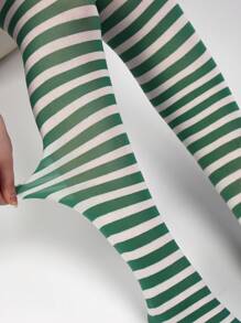 1 双绿白条纹蝴蝶结草莓图案女士过膝袜，Y2K - 彩色 - 查看 4