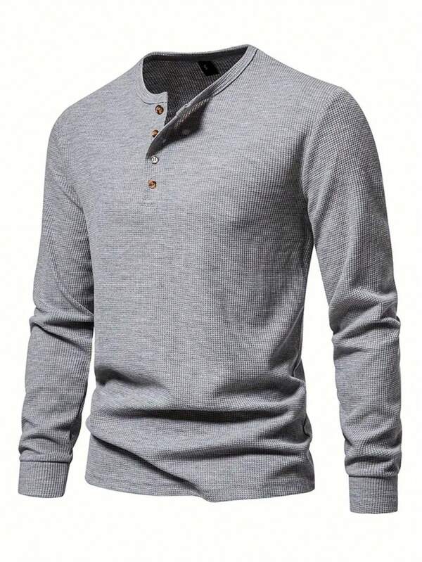 Camiseta masculina casual de cor sólida com gola Henley, blusas de manga comprida respiráveis, camiseta masculina confortável e moderna