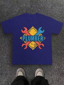 Crossed Wrenches With PLUMBER 180g Pure Cotton Men's Tshirt Comfort Fit - Blue - View 1