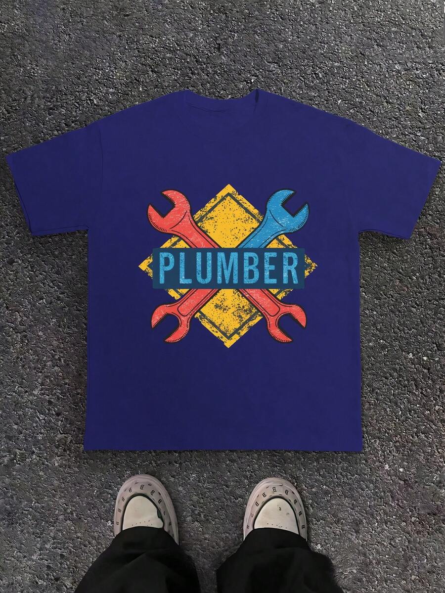Crossed Wrenches With PLUMBER 180g Pure Cotton Men's Tshirt Comfort Fit - Blue - View 1