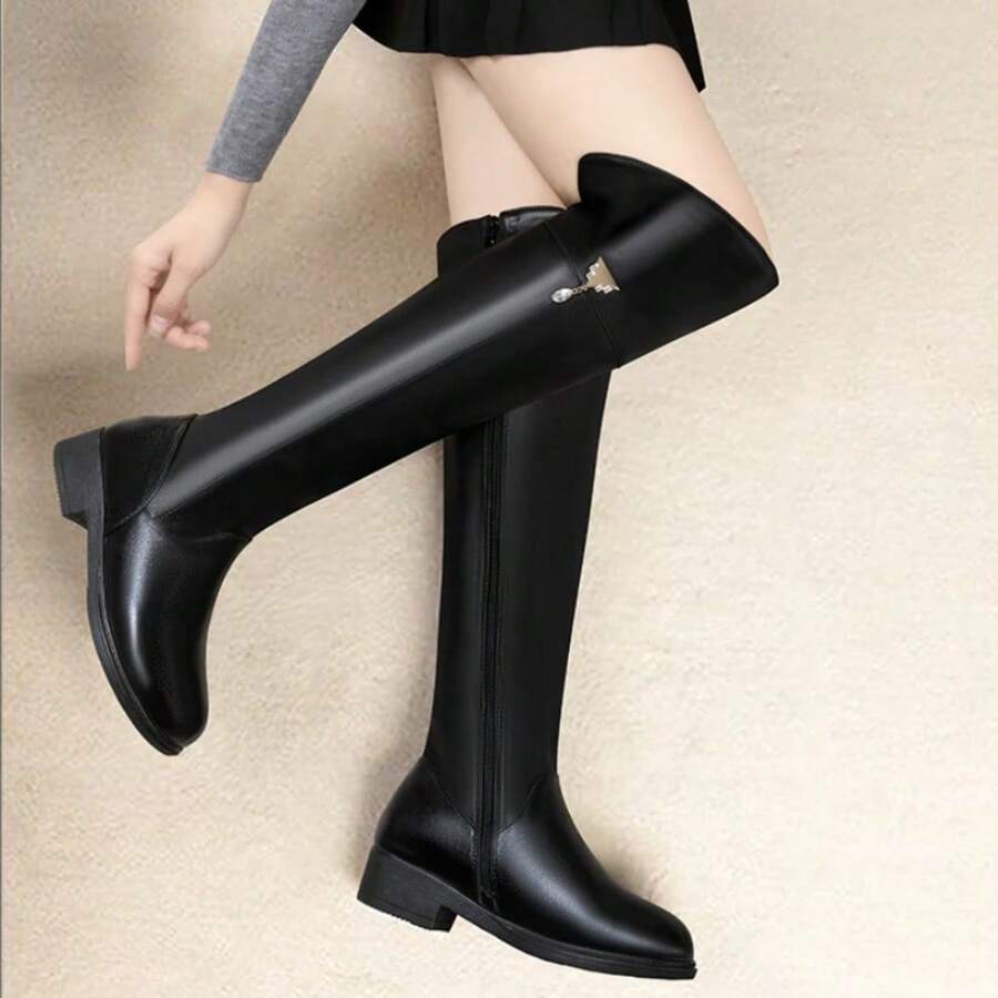 2023 Plush Warm Winter Women's Over The Knee Boots Simple Zipper Boots High Quality Pu Leather Thigh High Boot - 黑色 - 查看 1