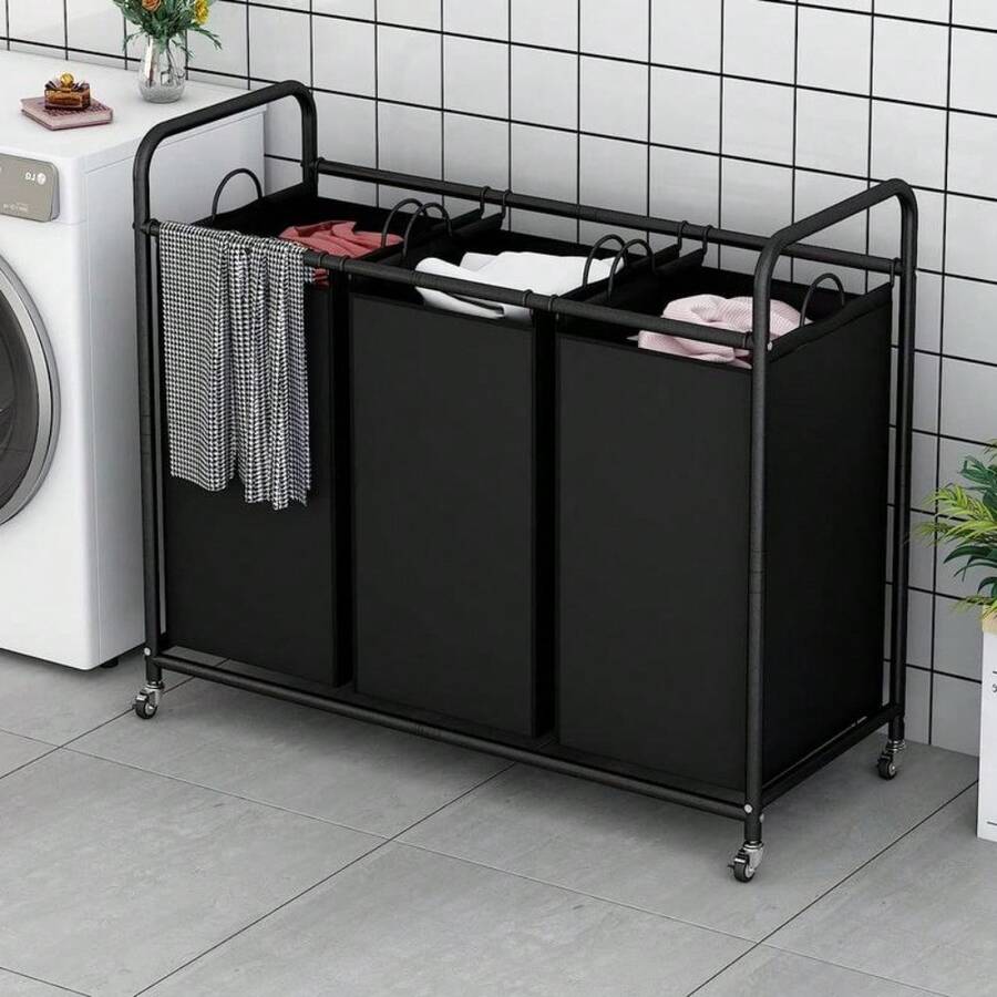 3Bag Laundry Basket Sorter Laundry Hamper Cart With Heavy Duty Rolling