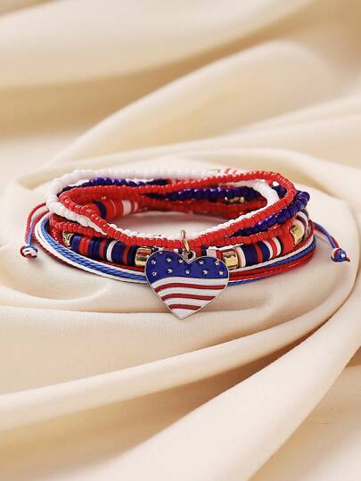 7pcs/Set American Flag Color Heart Pendant Beaded Adjustable Layered Bracelets, Suitable For Women's Daily, Casual, Party, Holiday, Memorial Wear