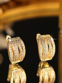 1 cặp bông tai tròn trang trí sang trọng hợp thời trang đính đá Cubic Zirconia trắng sáng bóng tuyệt đẹp dành cho phụ nữ - Vàng - Xem 5