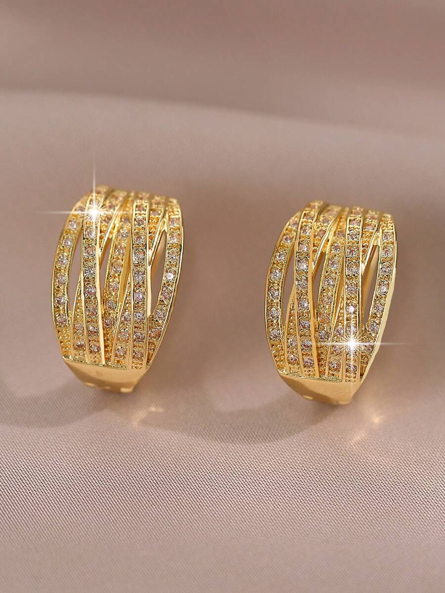 1 cặp bông tai tròn trang trí sang trọng hợp thời trang đính đá Cubic Zirconia trắng sáng bóng tuyệt đẹp dành cho phụ nữ - Vàng - Xem 1