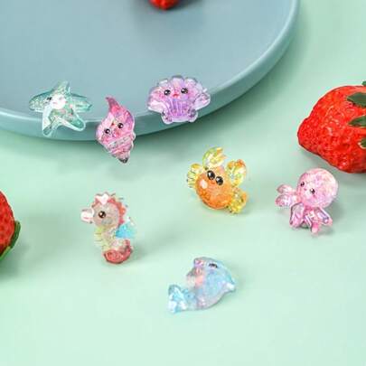 6 件迷你树脂海洋生物玩具，彩色卡通章鱼螃蟹海豚动物玩具，新年快乐派对装饰闪光树脂礼品 DIY 手工玩具，树脂动物，迷你树脂动物，迷你公仔