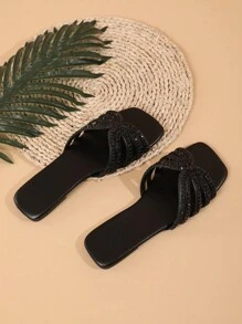 Wide Fit Glass Rhinestone Embellished Casual Flat Sandals For Women, Breathable Comfortable Open Toe Bling Bling Slide Sandals Suitable For Outdoor Walking, Vacation, Party, Elegant Palace Style