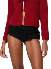 Women's Lace Tiered Ruffled Shorts Cute Bottoms High Rise Lolita Short Pants For Summer - Black - View 1
