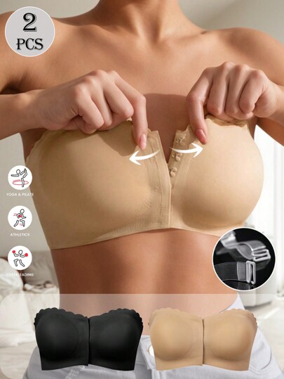 2 bucăți sutien sexy multicolor fără bretele pentru femei, cu închidere frontală, căptușită, îmbogățită la bust, lenjerie lenjerie sutien pentru femei, cu închidere în față